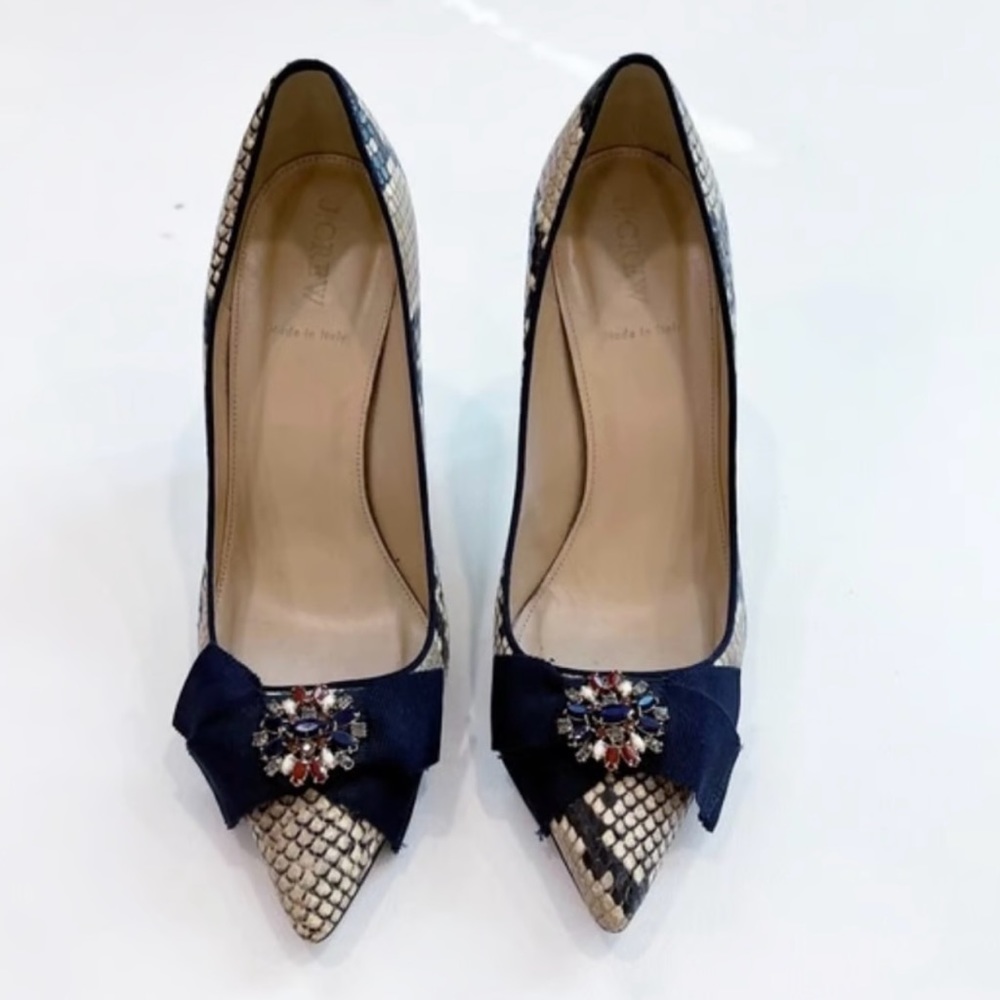 J Crew Elsie women black white snake print shoes blue bow with jewels size 11M